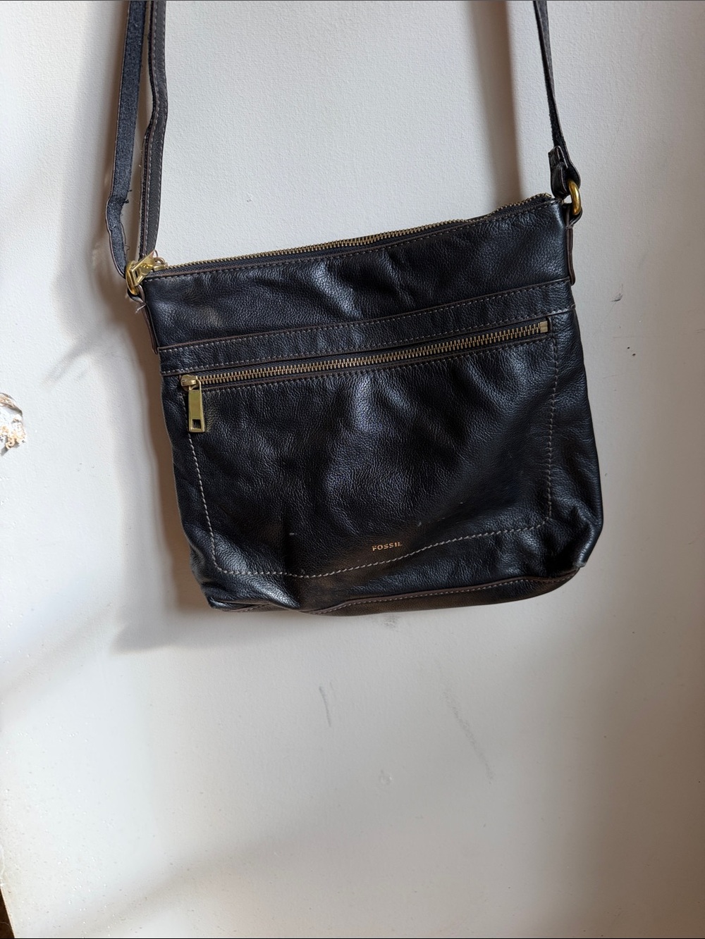 Fossil Black Leather Zip-Front Crossbody Bag with Gold Hardware and wallet